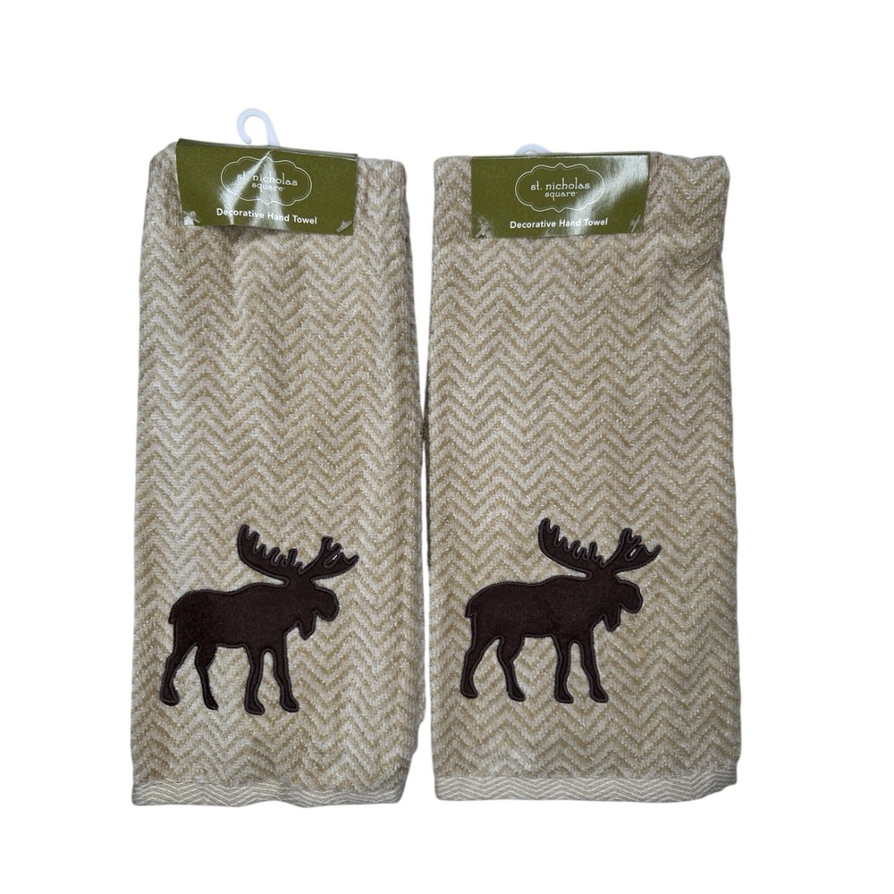 St. Nicholas Square Moose Decorative Hand Towels Set of 2 NWT Lodge Cabin